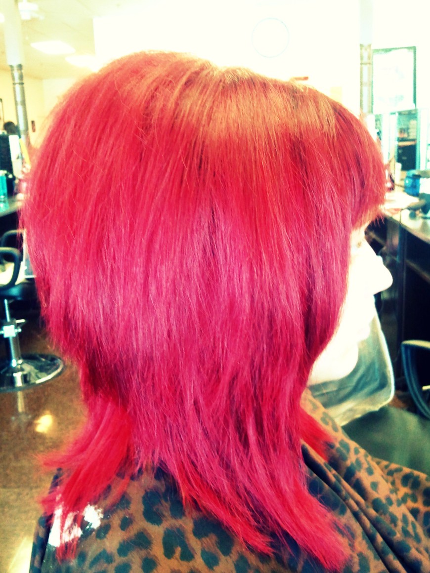 My beautiful classmate after a three step color process today.   inspiRED ~ poor chick.